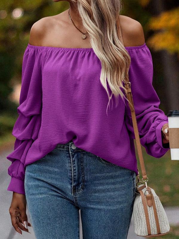 Long Sleeves Loose Elasticity Pleated Solid Color Off-The-Shoulder Blouses&Shirts Tops Product Image