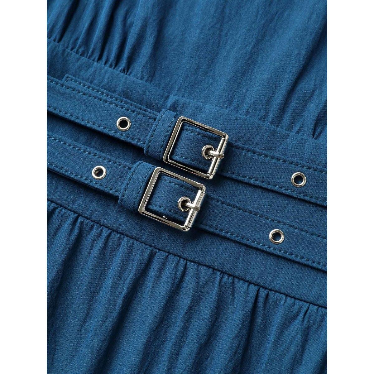 Plus Size Belted Cinched-Waist Solid Maxi Dress Mediumblue Women V-neck Cap Sleeve Curvy BloomChic 26/4X Product Image