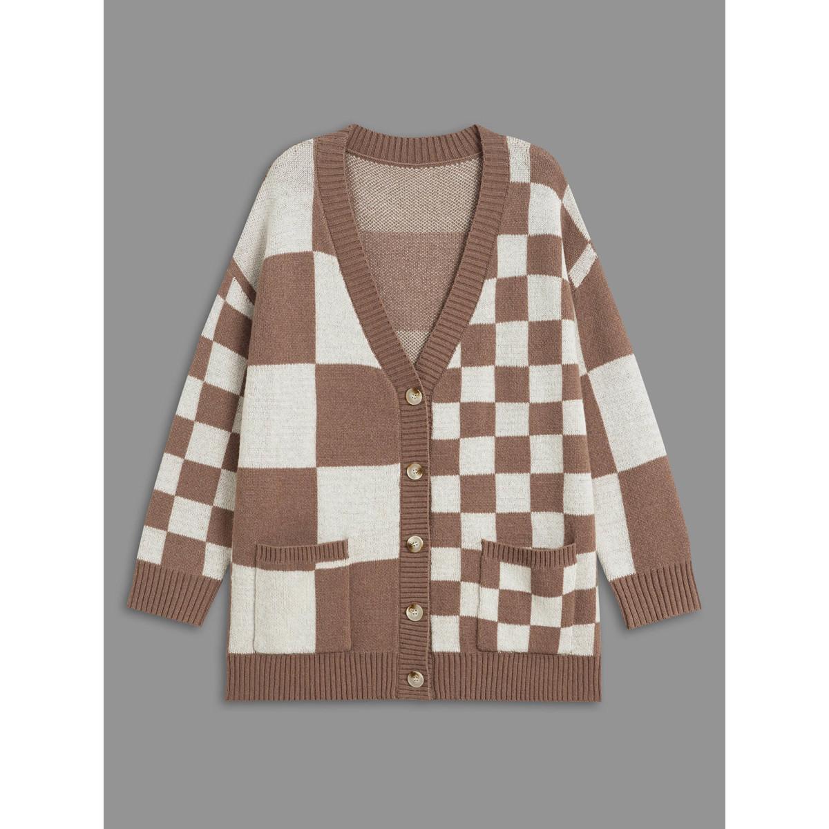 Plus Size Checkered V-Neck Button Front Knit Cardigan LightBrown Women Casual Loose Long Sleeve Everyday Cardigans BloomChic 18-20/2X Product Image