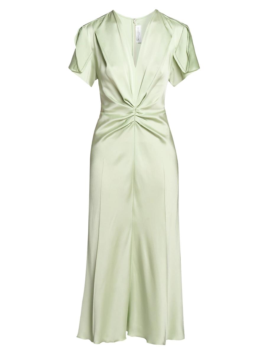 Womens Gathered Satin Crpe V-Neck Midi-Dress Product Image