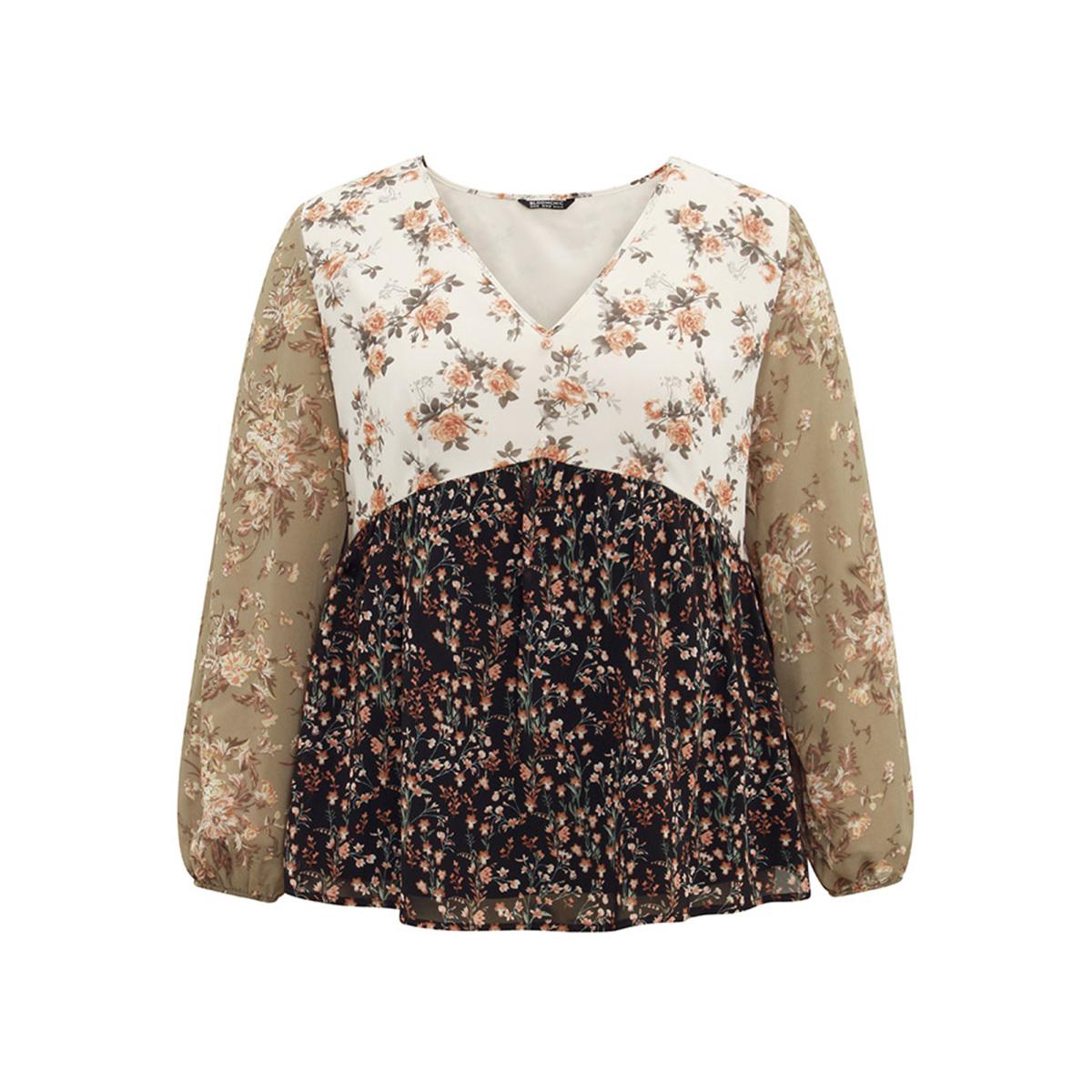 Plus Size Beige Chiffon Contrast Ditsy Floral Patchwork Blouse Women Vacation Long Sleeve V-neck Vacation Blouses BloomChic 14-16/1X Product Image