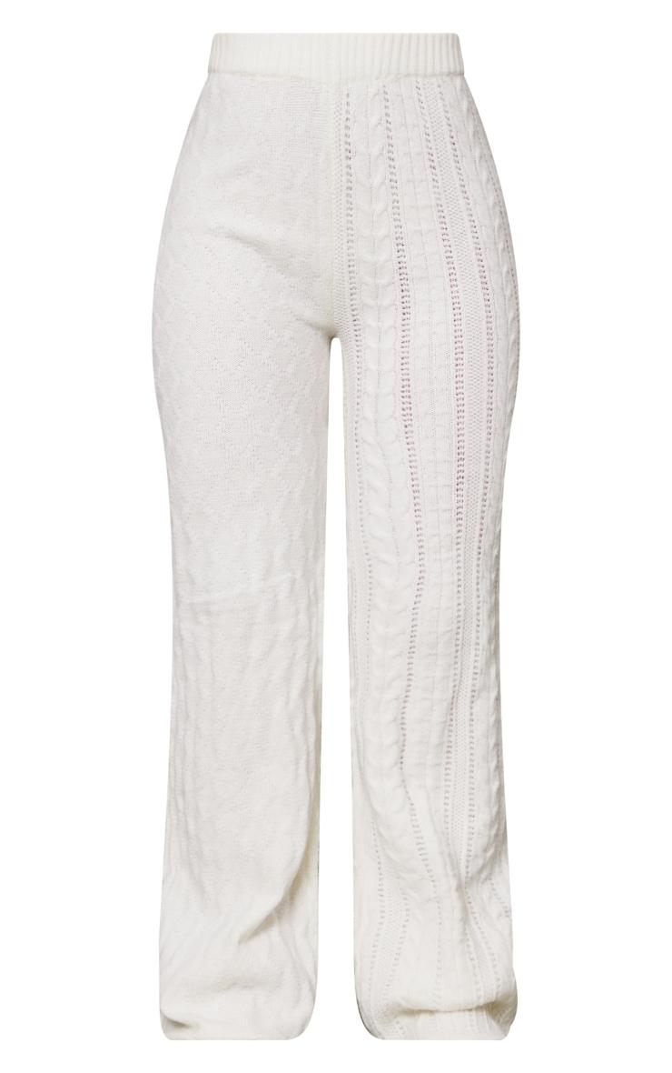 Cream Contrast Cable Knit Pants Product Image
