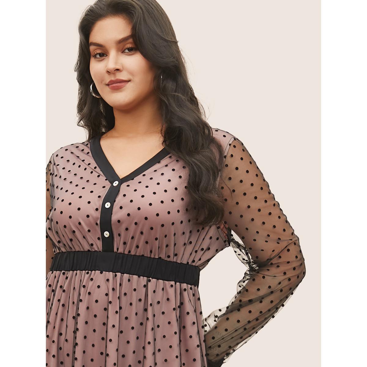 Plus Size Flocking Polka Dot Tiered Mesh Dress DustyPink Women At the Office Non V-neck Long Sleeve Curvy Midi Dress BloomChic 12/L Product Image
