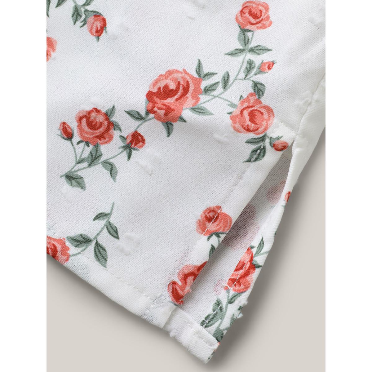 Plus Size Ivory Rosy Print Notched Collar Flowy Blouse Women Half Sleeve Notched collar Everyday-Elegant Blouses BloomChic 12/L Product Image