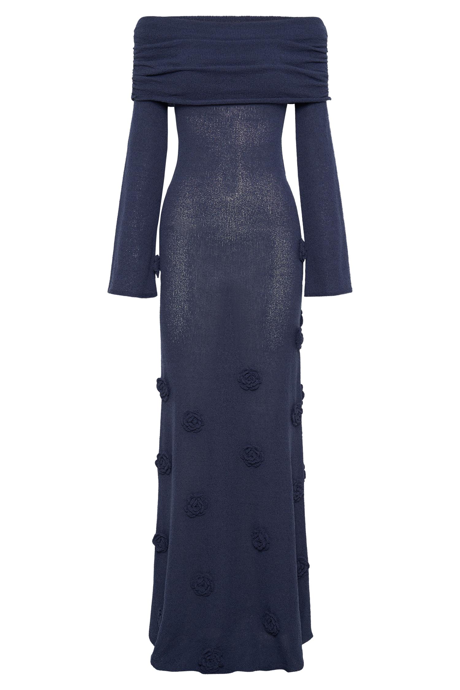 Kiki Off Shoulder Knit Rose Maxi Dress - Navy Product Image