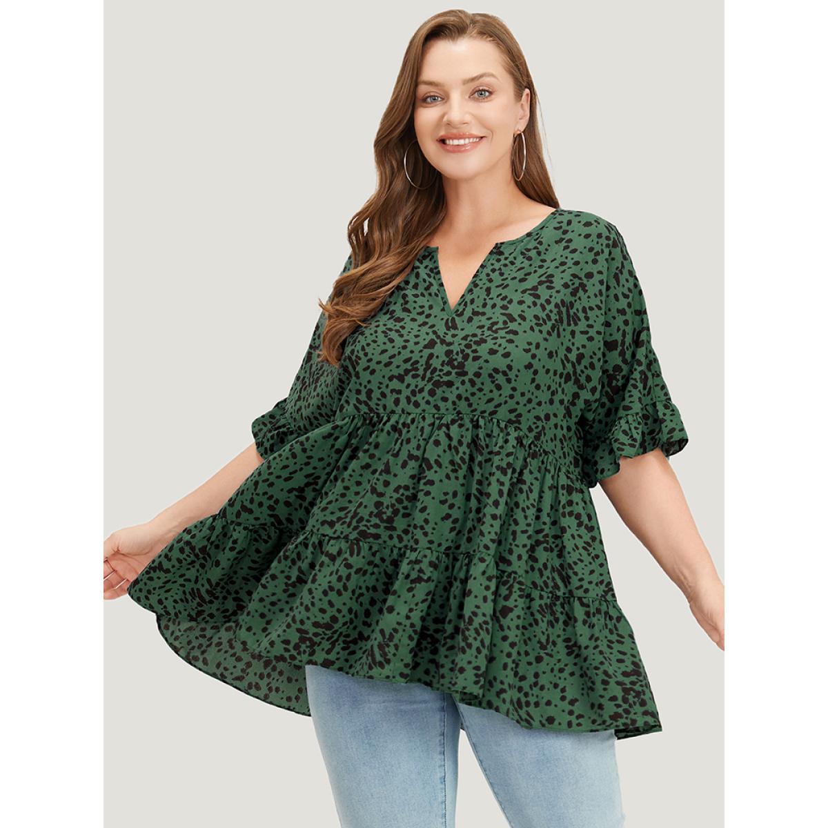 Plus Size Emerald Leopard Tiered Hem Notched Ruffle Sleeve Blouse Women Elegant Half Sleeve Notched collar Dailywear Blouses BloomChic 10/M Product Image