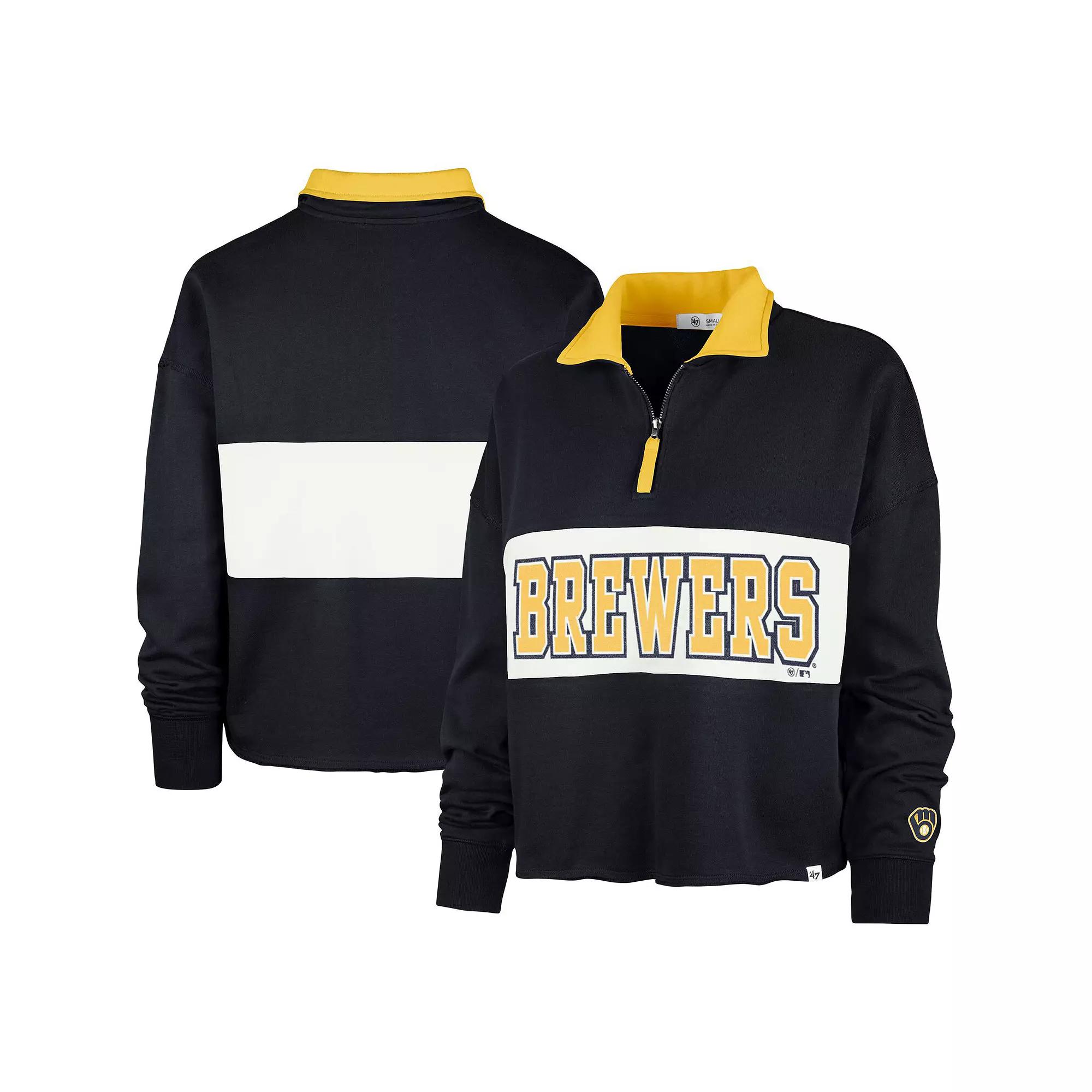Women's '47 Navy Milwaukee Brewers Remi Quarter-Zip Cropped Top,  Product Image
