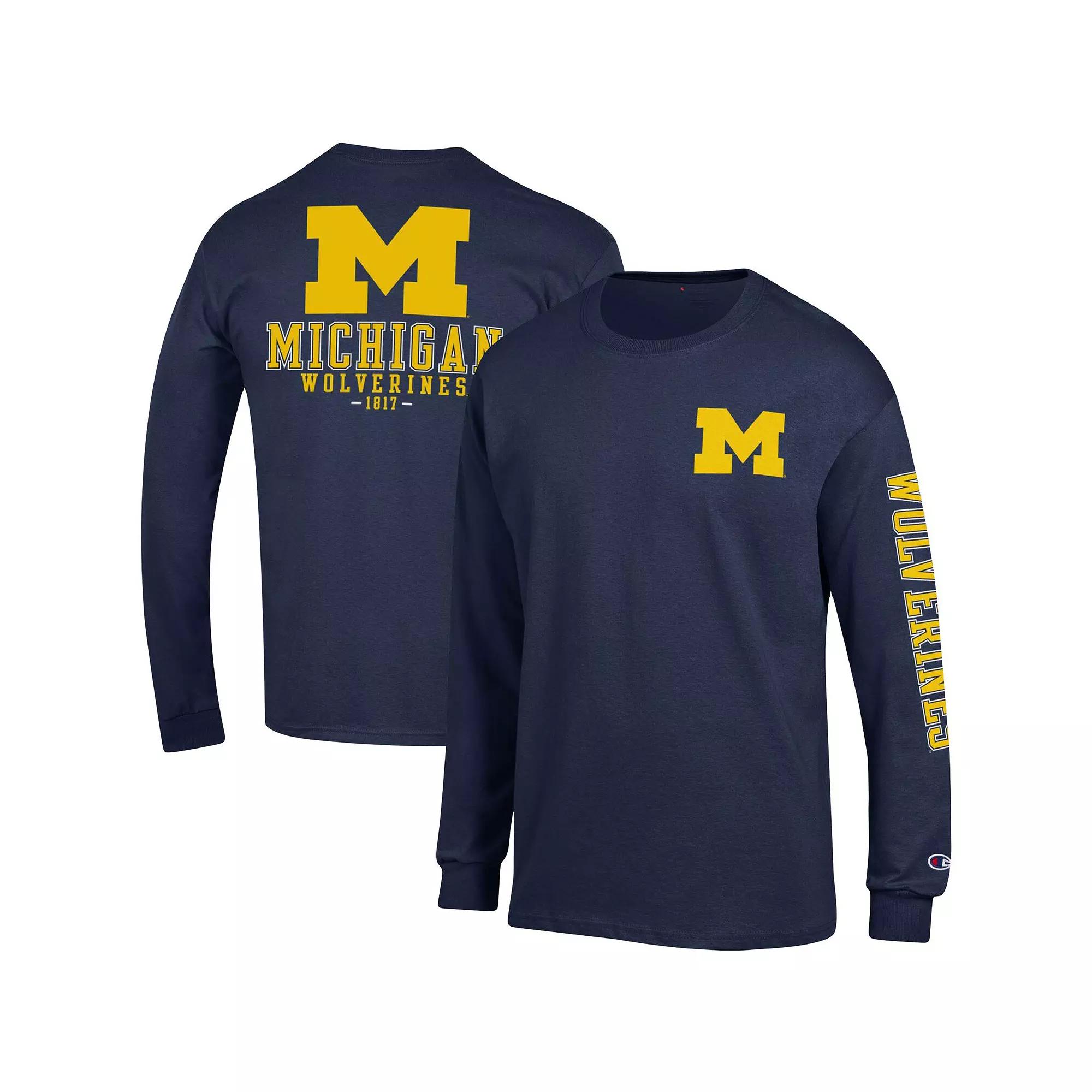 Men's Champion Navy Michigan Wolverines Team Stack Long Sleeve T-Shirt,  Product Image