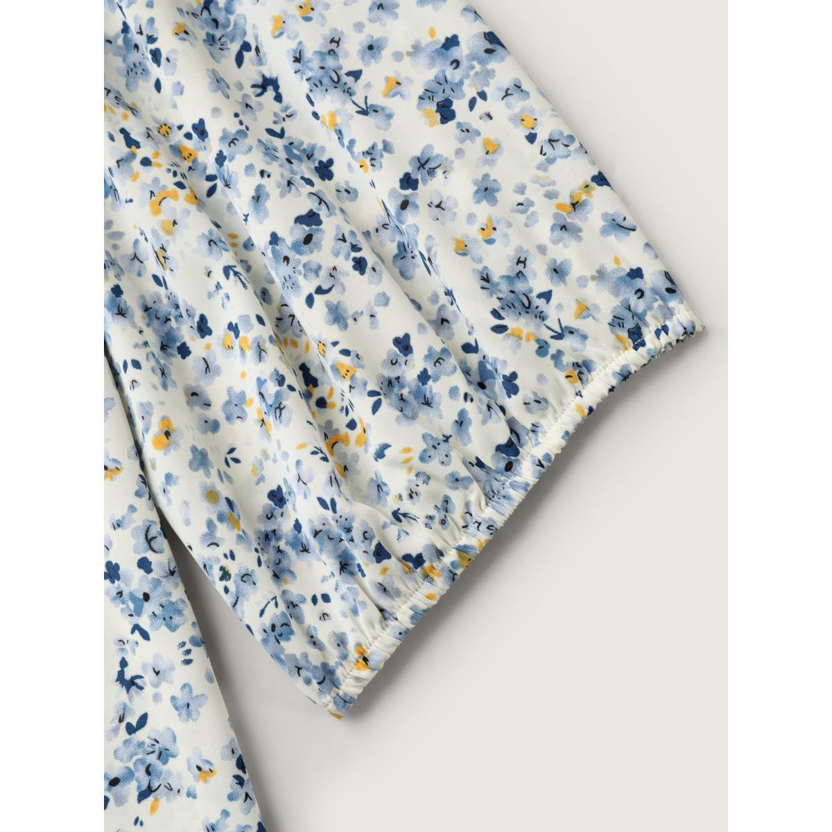 Plus Size Multicolor Floral Print Lace Trim Flowy Blouse Women Elbow-length sleeve Notched collar Elegant Blouses BloomChic 14-16/1X Product Image