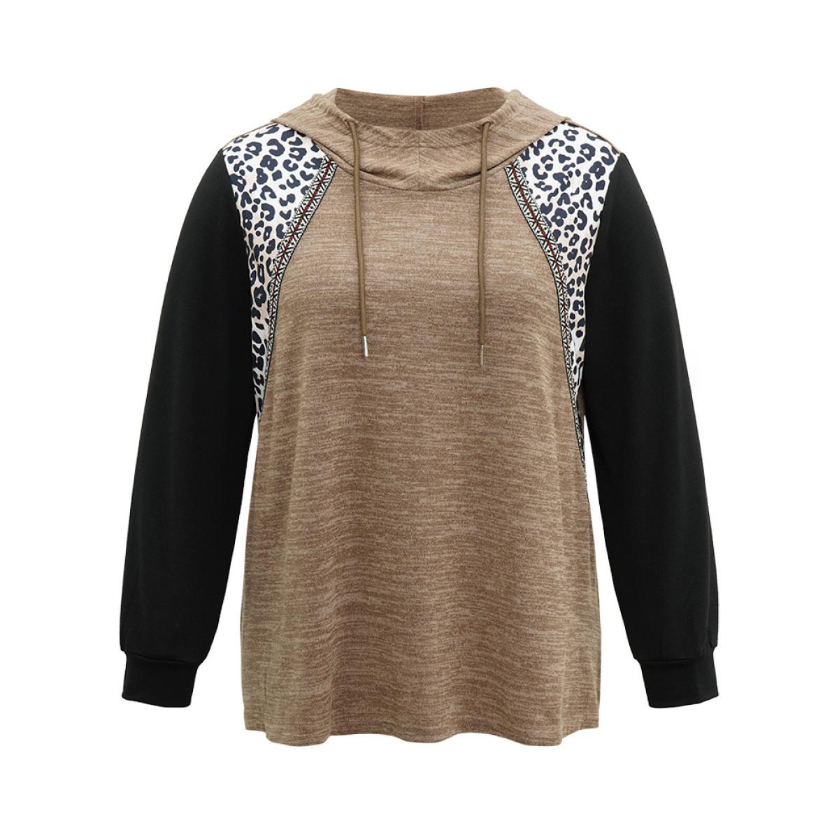 Plus Size Leopard Patchwork Contrast Hooded Sweatshirt Women LightBrown Casual Contrast Hooded Dailywear Sweatshirts BloomChic 30/6X Product Image