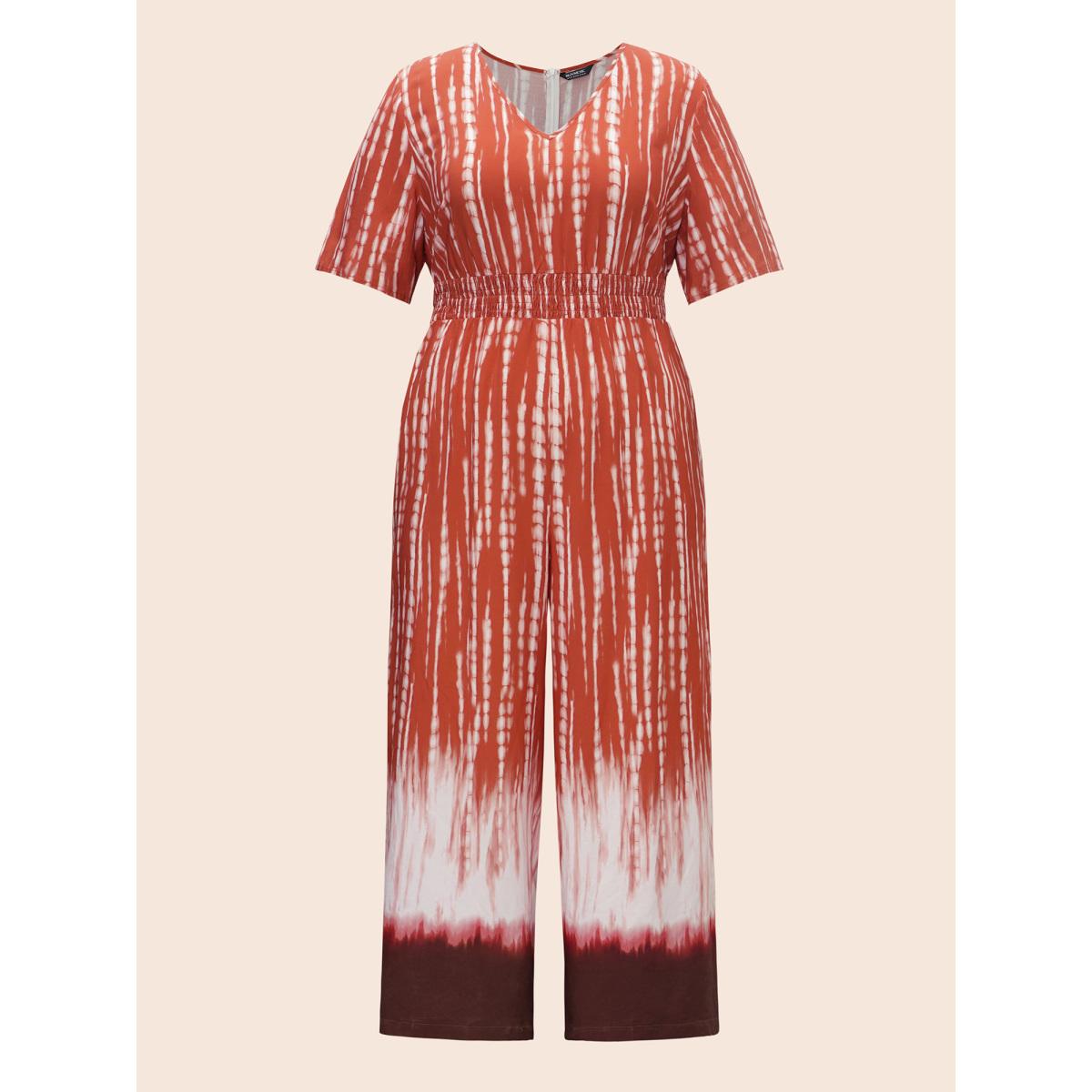 Plus Size Multicolor V Neck Gradient Dyeing Shirred Jumpsuit Women At the Office Half Sleeve V-neck Office Loose Jumpsuits BloomChic 18-20/2X Product Image