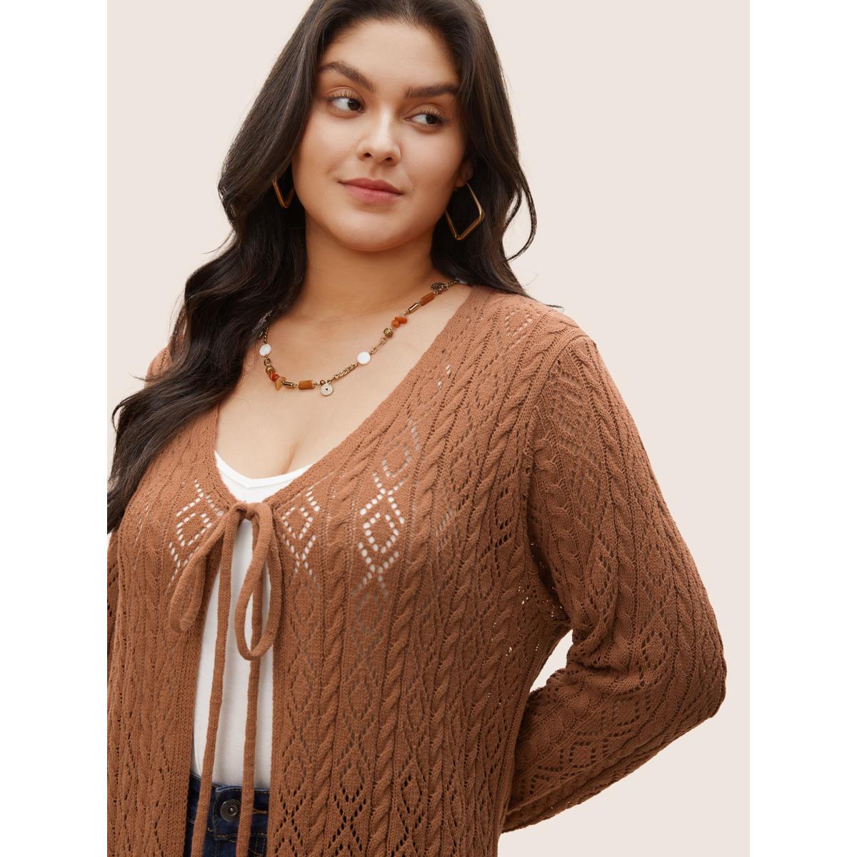 Plus Size Plain Ties Arc Hem Hollow Out Cardigan Chocolate Women Elegant Long Sleeve Everyday Cardigans BloomChic 12/L Product Image