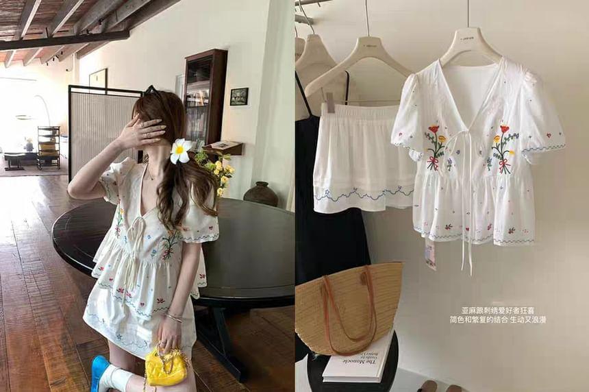 Puff-Sleeve V-Neck Floral Embroidered Bow Peplum Blouse / Elastic Waist Mini A-Line Skirt Product Image