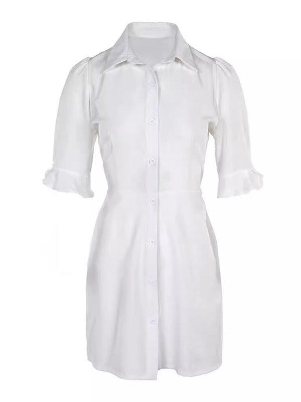 A-Line Flared Sleeves Buttoned Pleated Pockets Solid Color Split-Joint Lapel Mini Dresses Shirt Dress Product Image