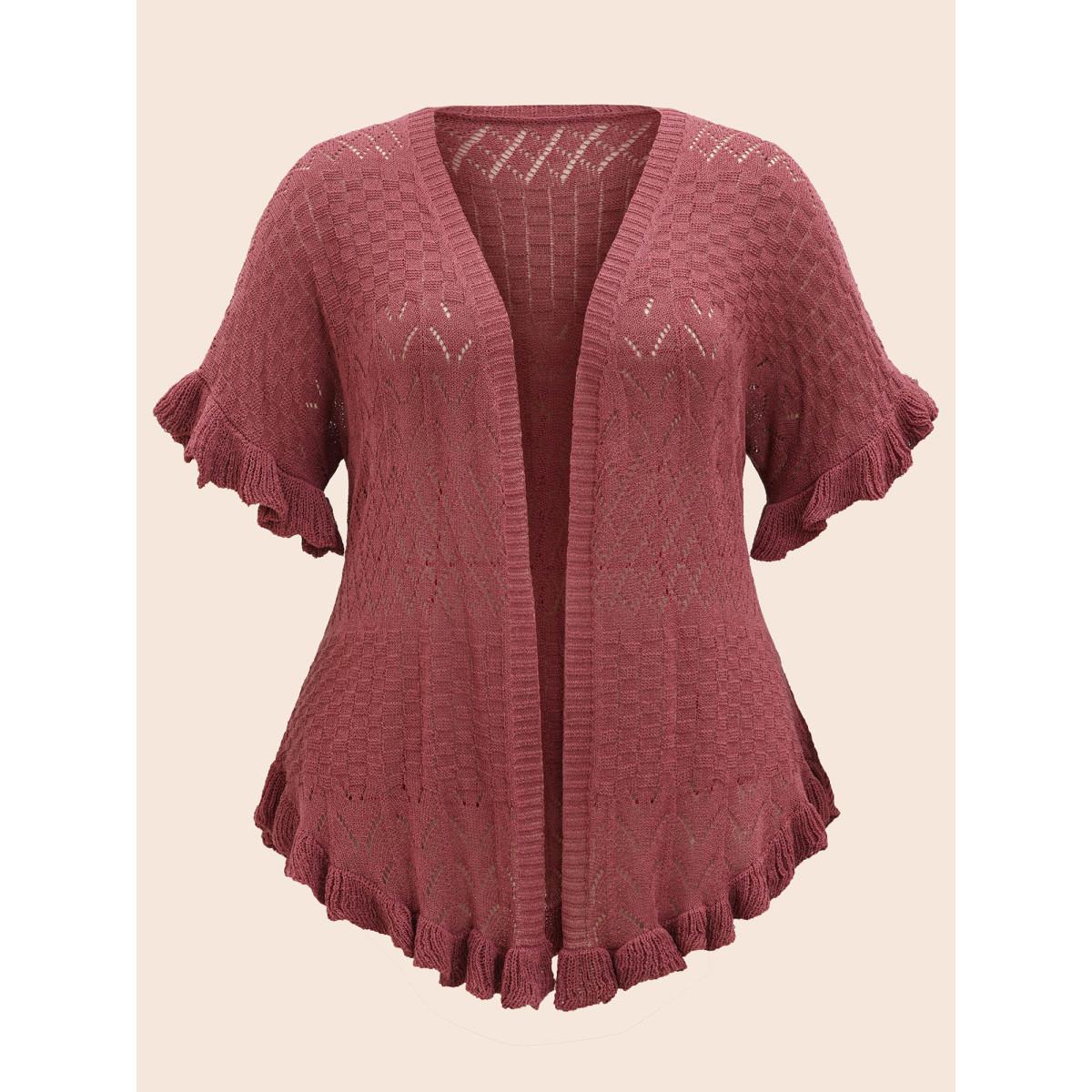Plus Size Plain Ruffles Pointelle Knit Cardigan Russet Women Casual Loose Short sleeve Everyday Cardigans BloomChic 10/M Product Image
