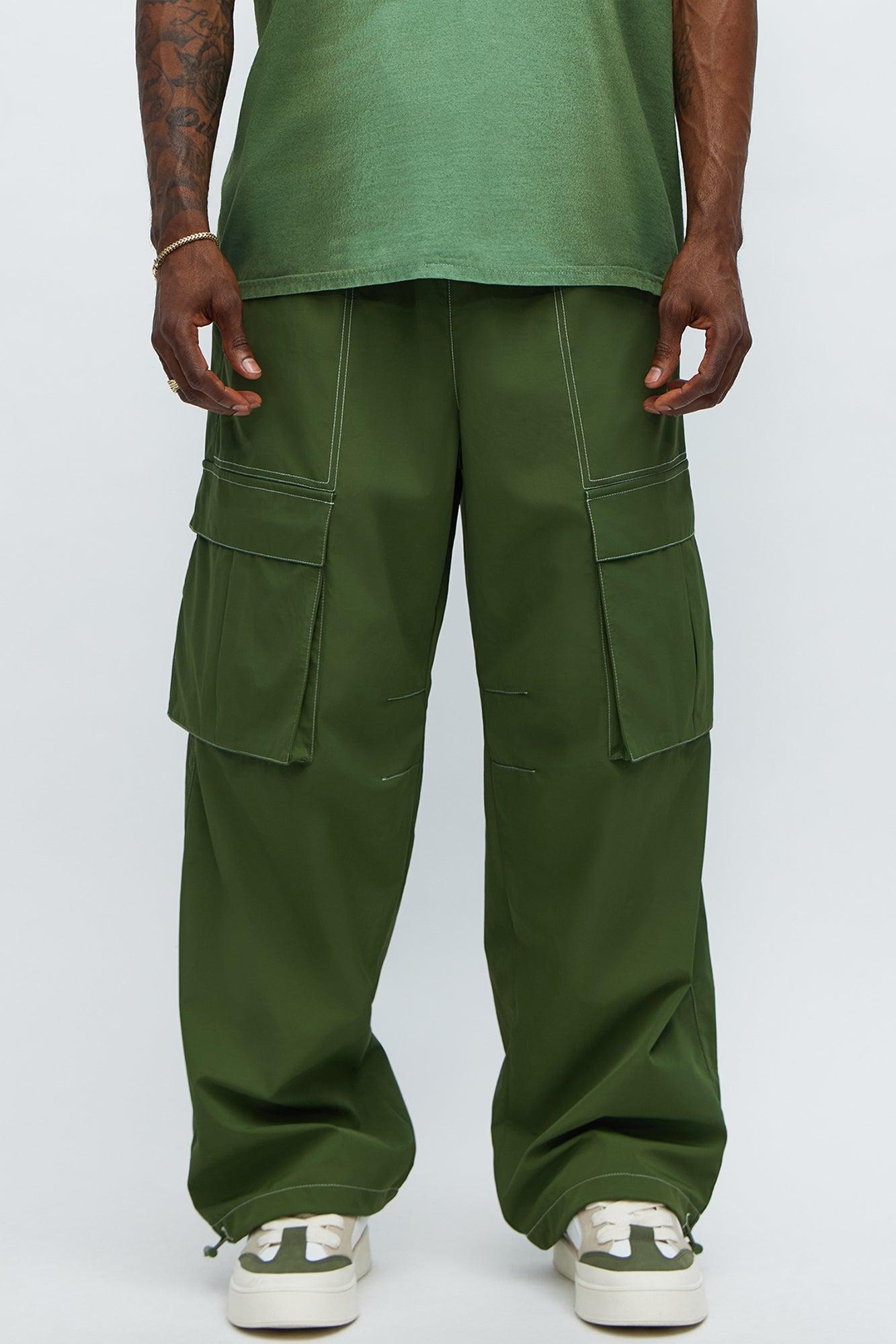 Baggy Stay Moving Contrast Stitch Nylon Cargo Pants - Olive Product Image