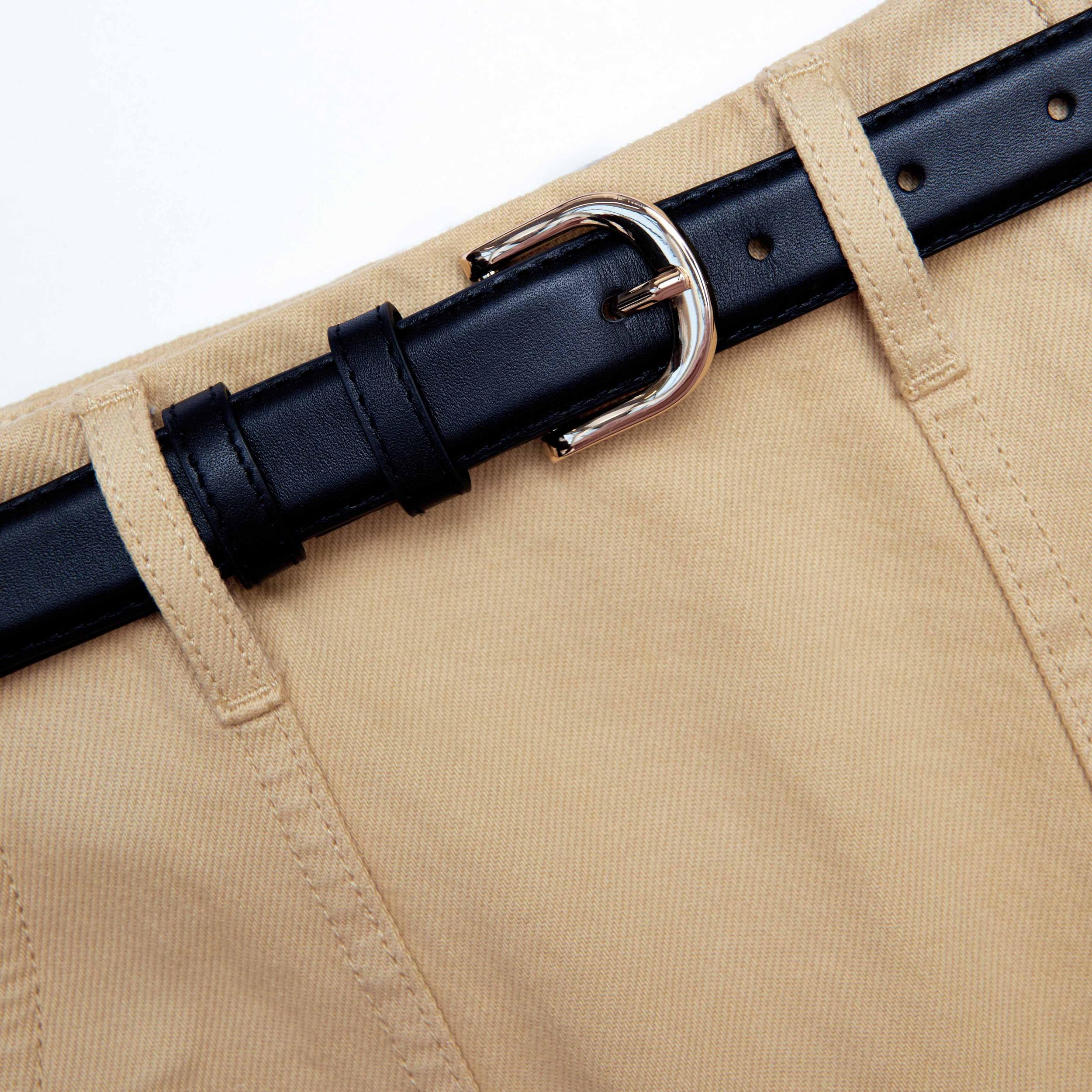 Beige Denim Belted Mini Skirt Product Image