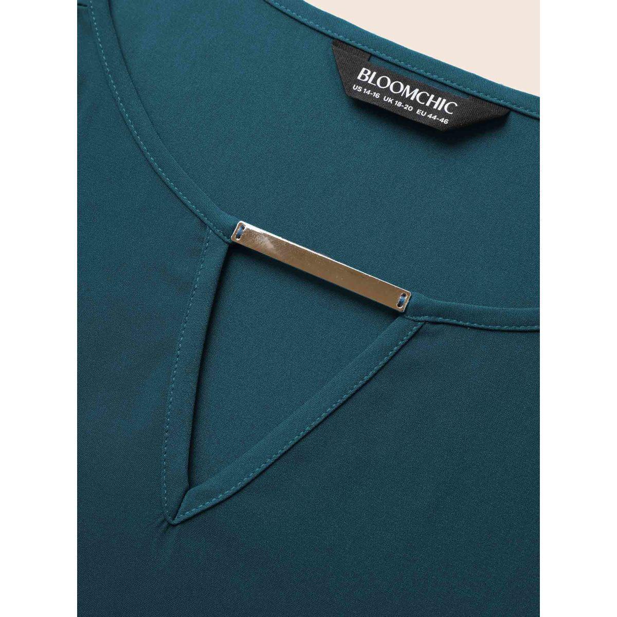 Plus Size Cyan Anti-Wrinkle Plain Metal Detail Keyhole Neck Blouse Women Office Short sleeve V-neck Work Blouses BloomChic 14-16/1X Product Image