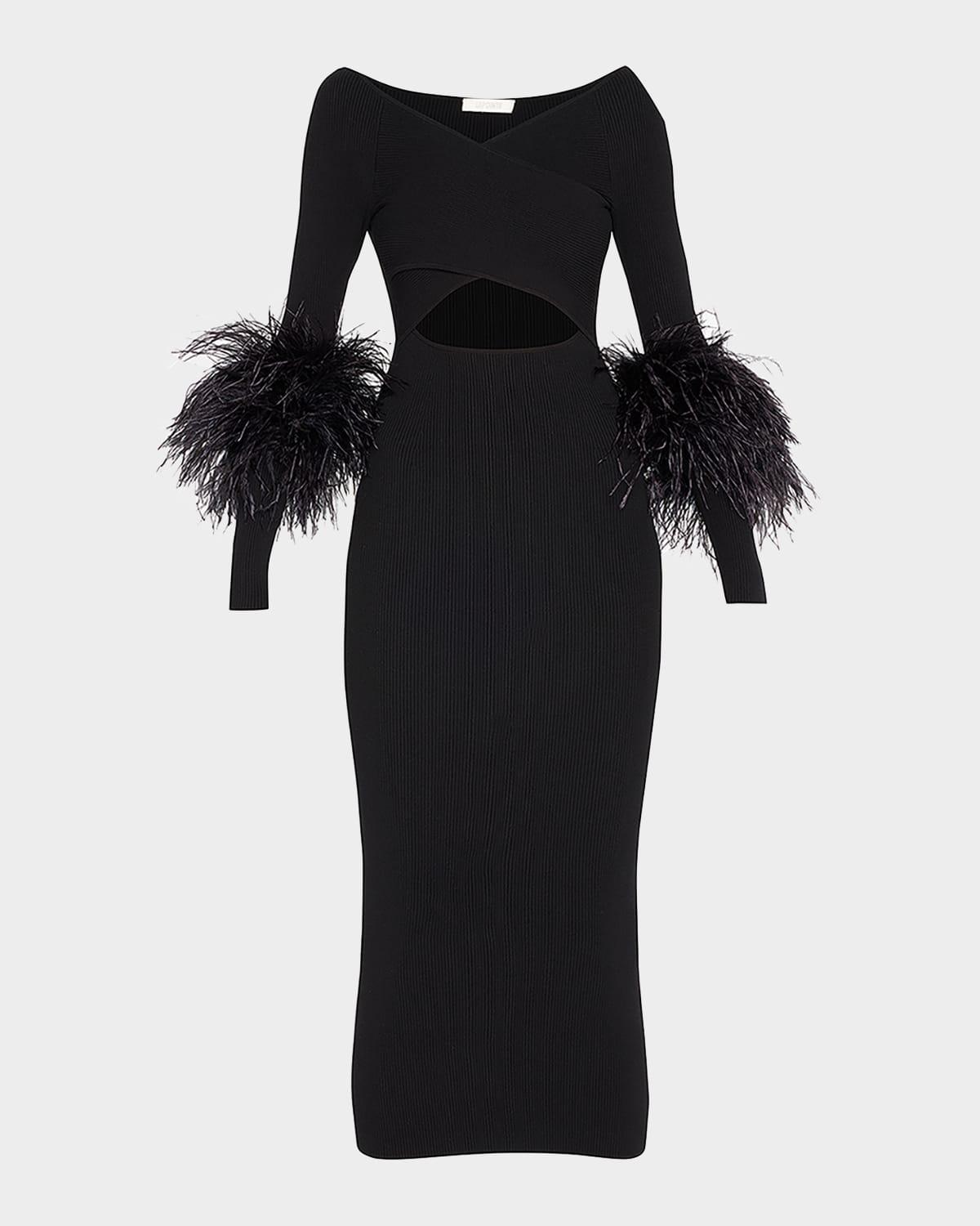 Womens Feather-Cuff Fitted Cut-Out Midi-Dress Product Image