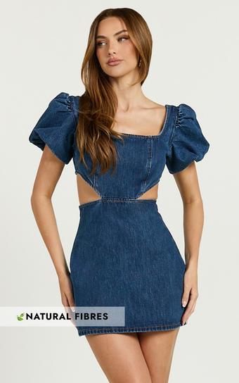 Freya Mini Dress - Denim Cut Out Puff Sleeve Mini Dress in Mid Blue Wash Product Image