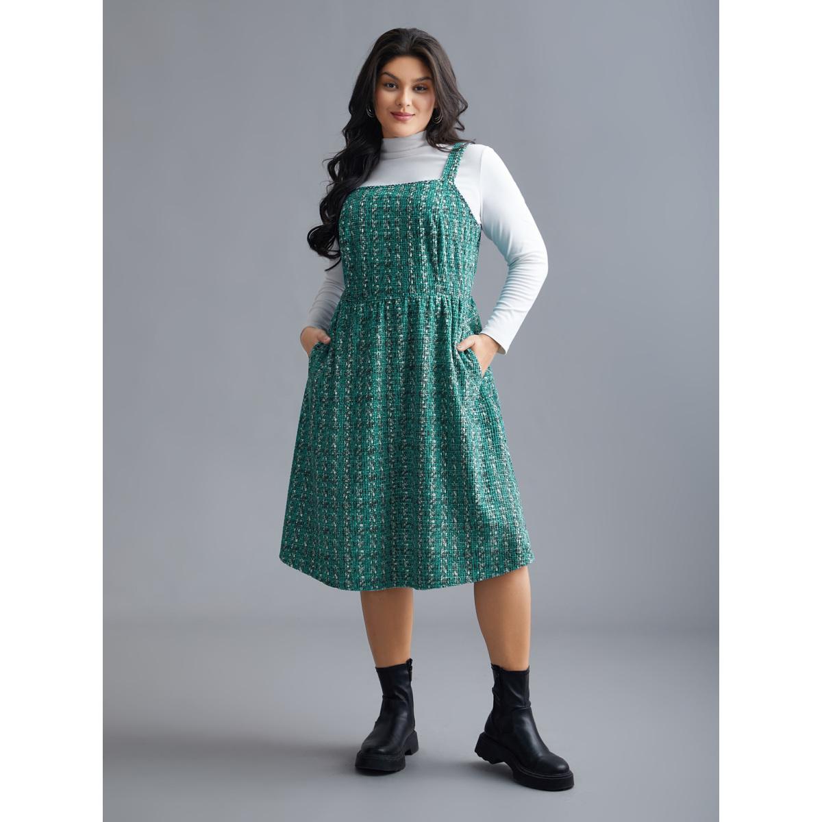 Plus Size Plaid Pinafore Elastic Waist Midi Dress Teal Women Elegant Texture Square Neck Sleeveless Curvy BloomChic 30/6X Product Image
