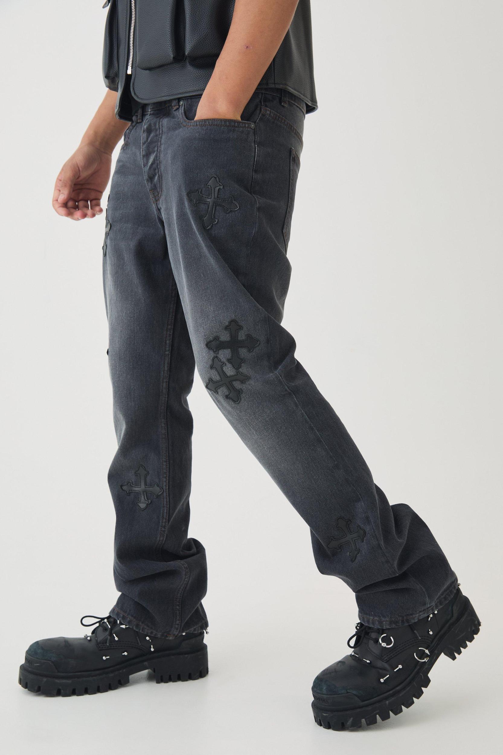 Slim Rigid Flare Cross Embroidered Jeans | boohooMAN USA Product Image