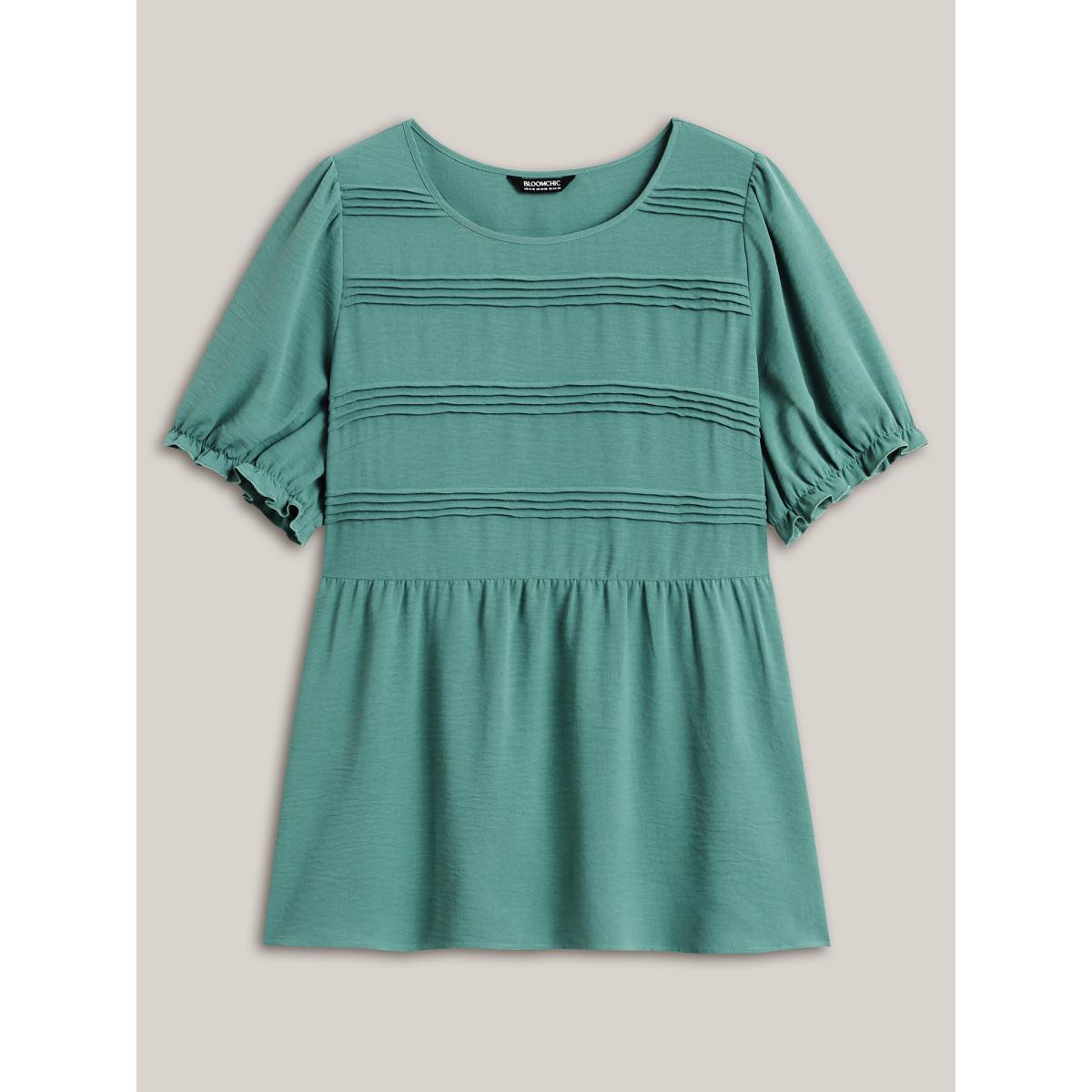 Plus Size Teal Pleated Bodice Puff Sleeve Plain Top Women Short sleeve Round Neck Everyday-Casual Blouses BloomChic 26/4X Product Image