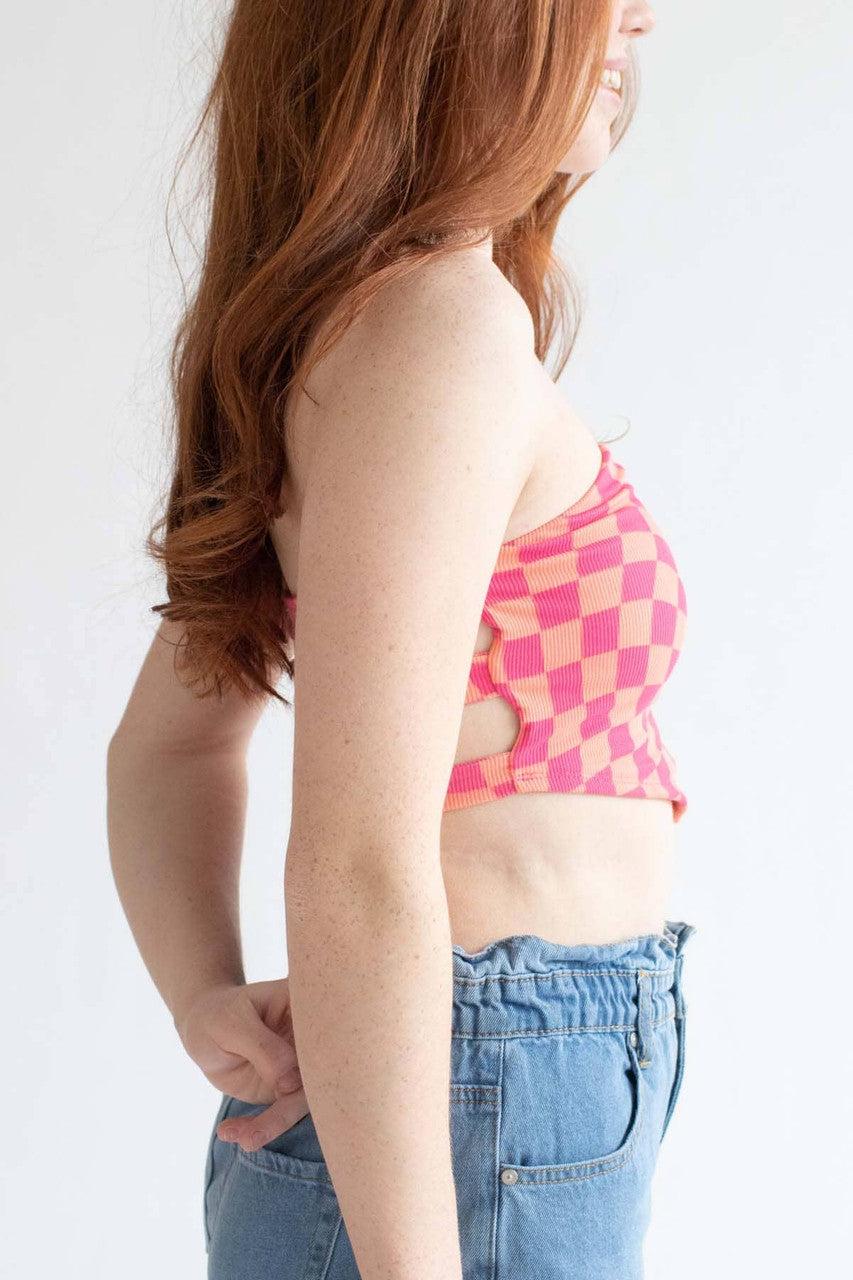 Pink Shock Wavy Checkered Handkerchief Hem Tube Top Product Image