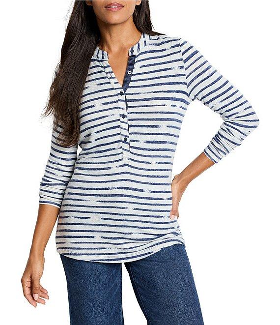 NIC + ZOE NZT Stripe Knit Cozy Round Neck Long Sleeve Henley Top Product Image