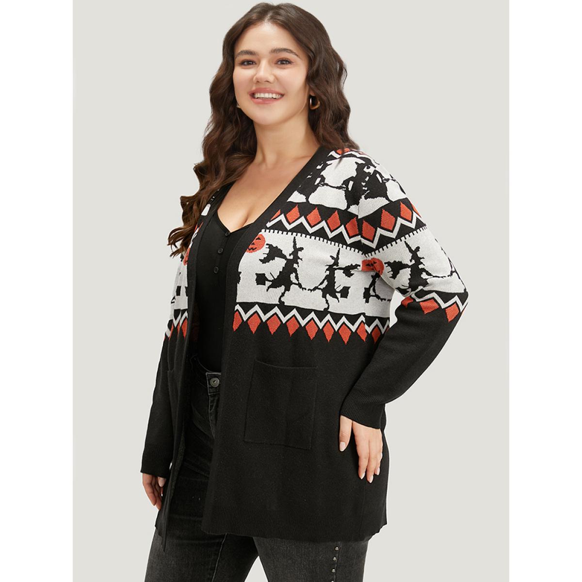 Plus Size Halloween Geo & Witch Print Open Front Cardigan Black Women Casual Loose Long Sleeve Festival-Halloween Cardigans BloomChic 14-16/1X Product Image