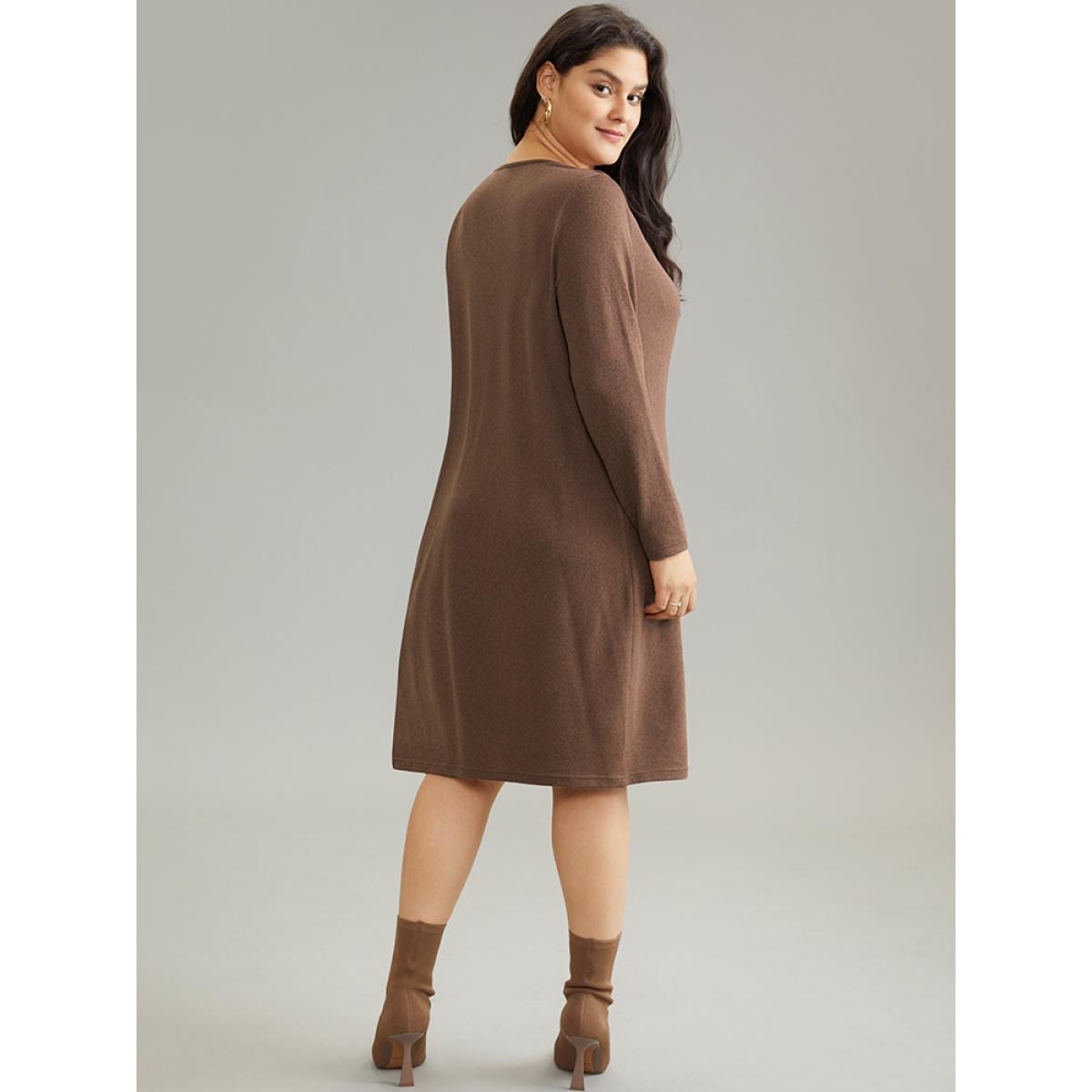 Plus Size Solid Heather Cowl Neck Knit Dress DarkBrown Women Casual Plain Cowl Neck Long Sleeve Curvy Midi Dress BloomChic 18-20/2X Product Image