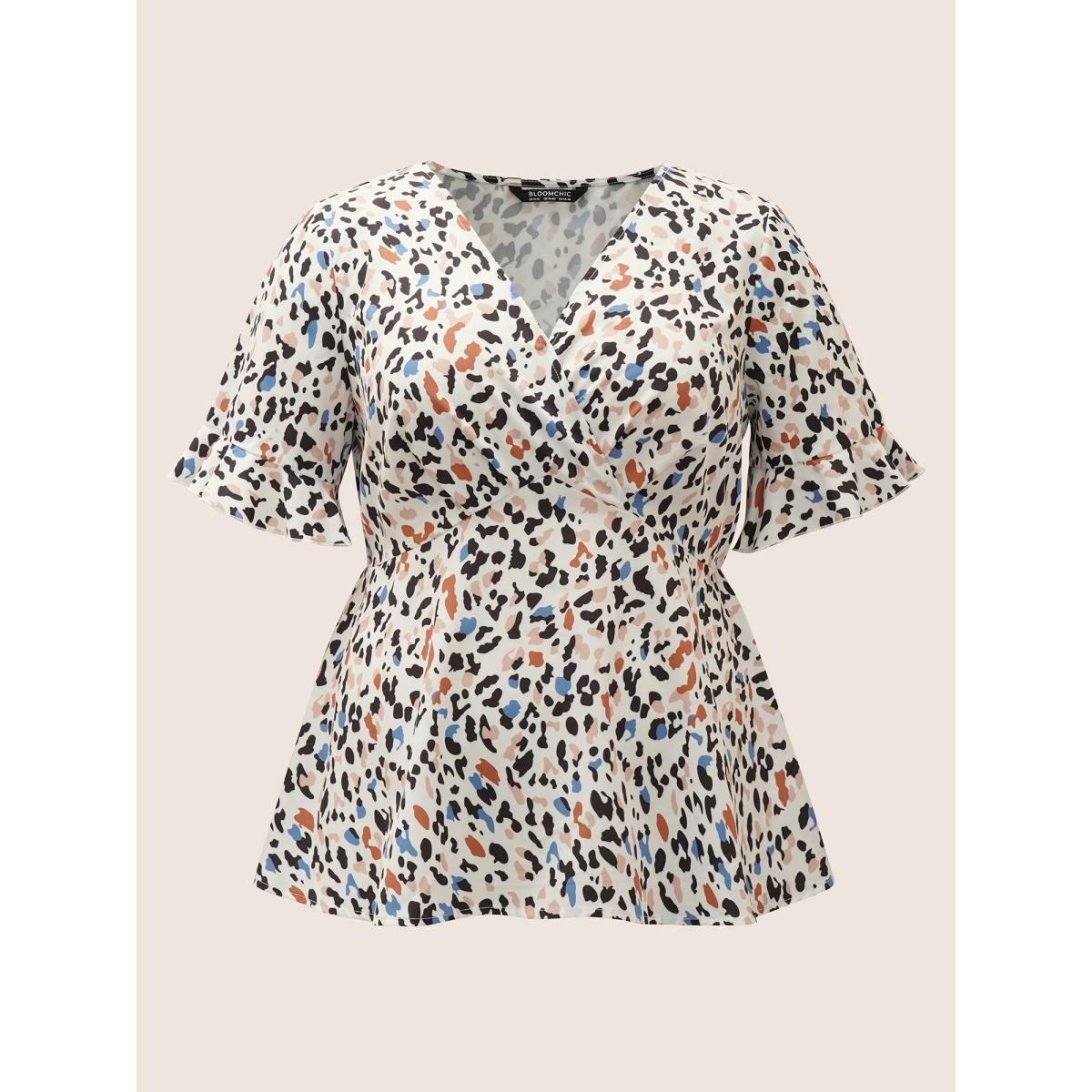 Plus Size White Allover Print Wrap Flutter Sleeve Blouse Women Work From Home Half Sleeve Overlap Collar Work Blouses BloomChic 30/6X Product Image