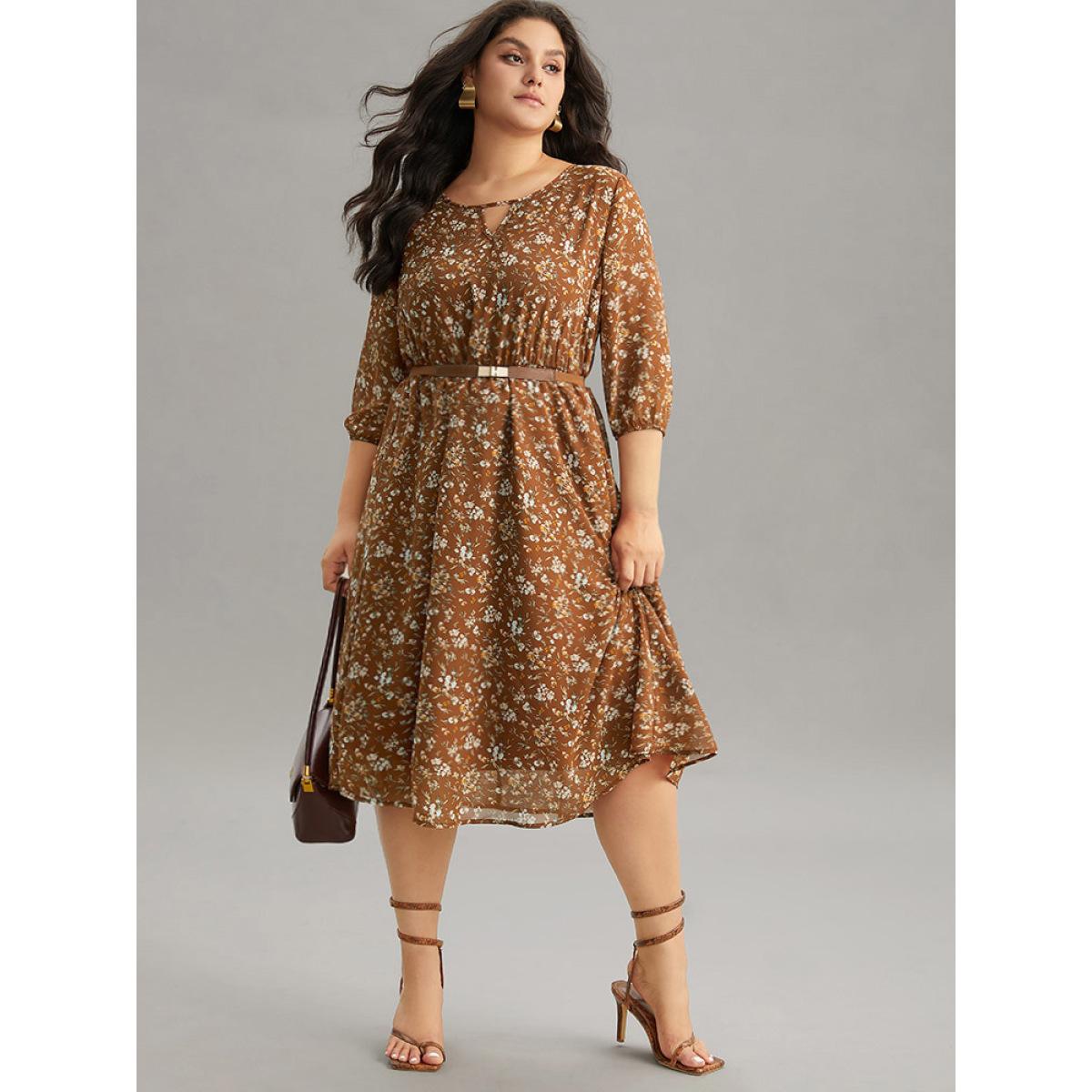 Plus Size Ditsy Floral Cut Out Elastic Cuffs Dress Rust Women Elegant Elastic cuffs Keyhole Cut-Out Elbow-length sleeve Curvy Midi Dress BloomChic 22-24/3X Product Image