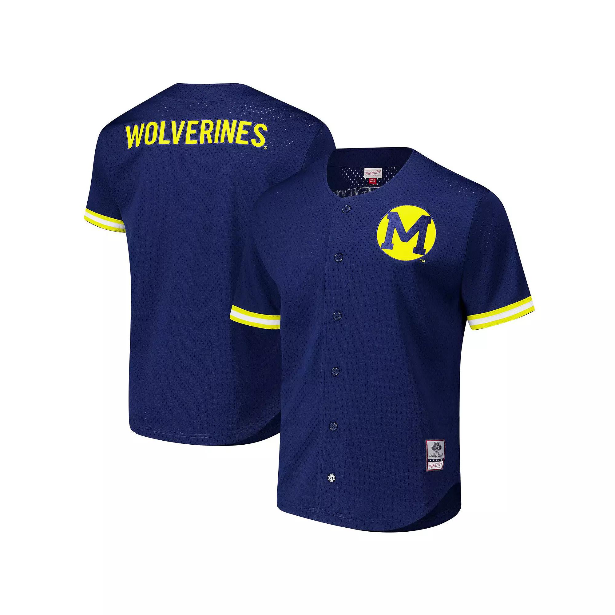 Men's Mitchell & Ness Navy Michigan Wolverines Game Time Vintage Mesh Button Front Top,  Product Image