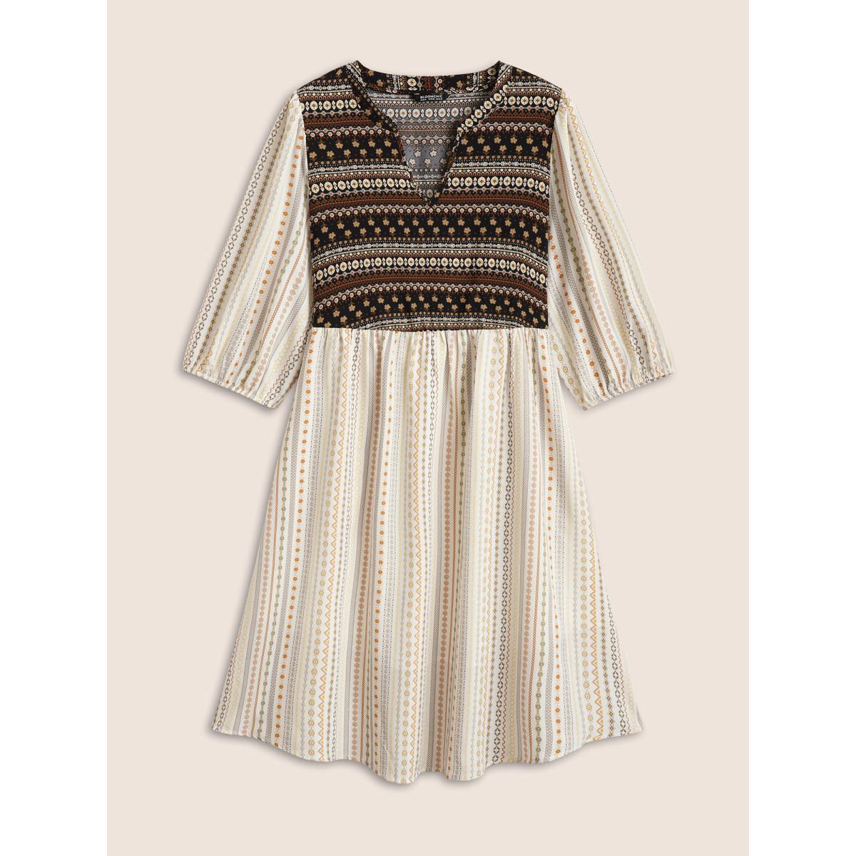 Plus Size Bandana Striped Patchwork Notched Lantern Sleeve Dress Beige Women Resort Patchwork Flat collar with V-notch Elbow-length sleeve Curvy Midi Dress BloomChic 14-16/1X Product Image