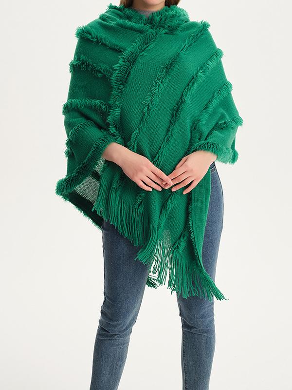 Hooded Keep Warm Solid Color Tasseled Cape Shawl&Cloak Product Image
