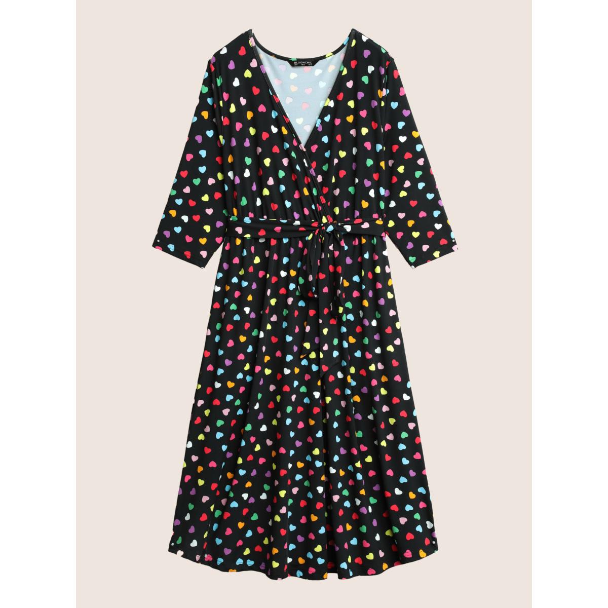 Plus Size Colored Heart Print Belted Overlap Collar Dress Black Women Casual Belted Overlap Collar Elbow-length sleeve Curvy Midi Dress BloomChic 30/6X Product Image