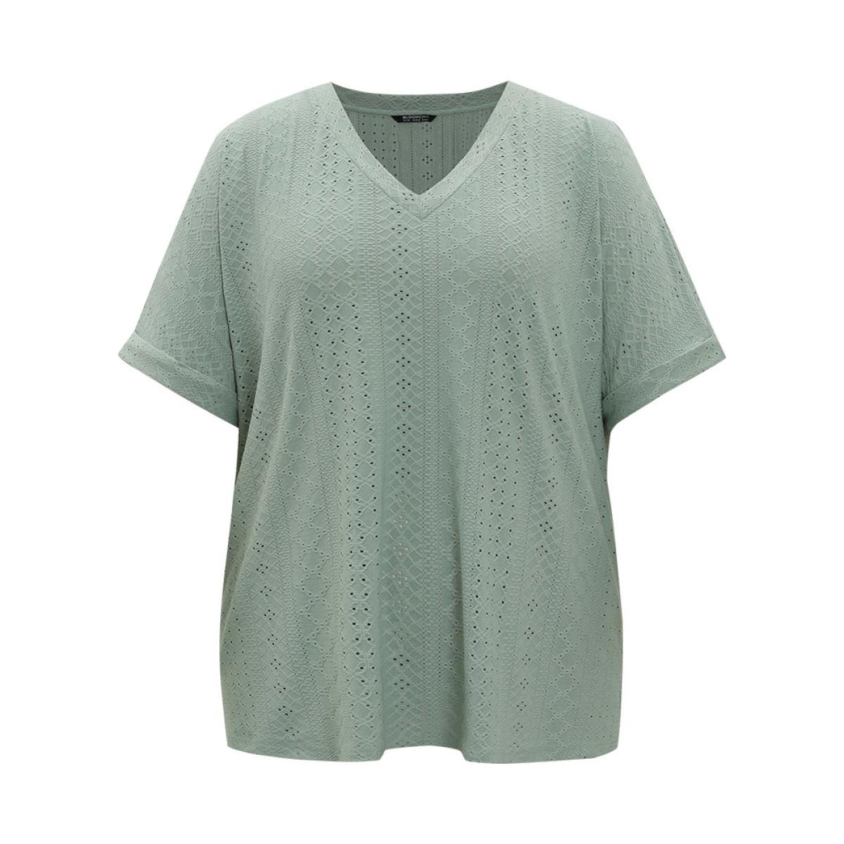 Plus Size Plain Roll Sleeve Broderie Anglaise T-shirt Sage Women Casual Broderie anglaise Plain V-neck Dailywear T-shirts BloomChic 10/M Product Image