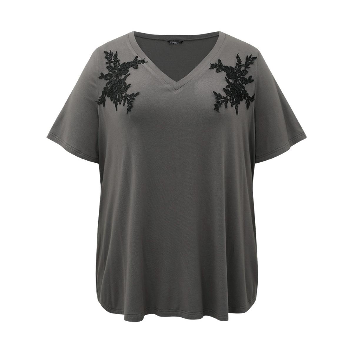 Plus Size Supersoft Essentials Floral V Neck Short Sleeve T-shirt DimGray Women Elegant Embroidered Silhouette Floral Print V-neck Dailywear T-shirts BloomChic 14-16/1X Product Image