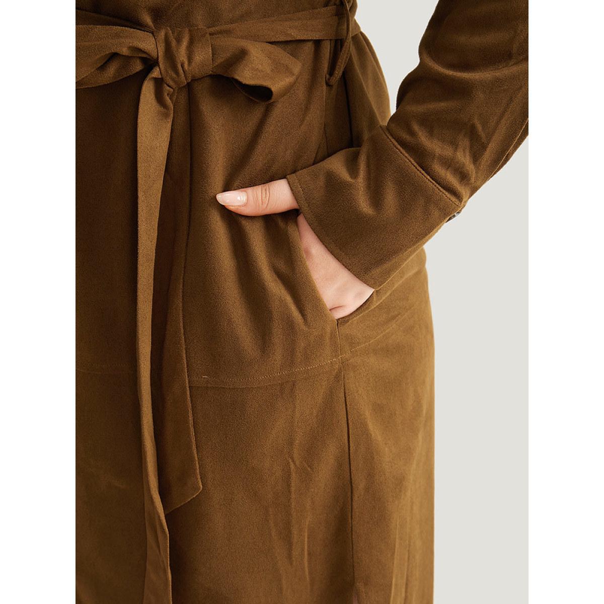 Plus Size Plain Split Hem Button Through Belted Dress Bronze Women Office Plain Shirt collar Long Sleeve Curvy Knee Dress BloomChic 28/5X Product Image