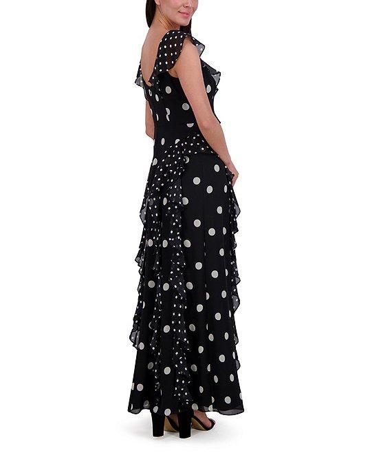 Eliza J Chiffon Polka Dot V Neck Short Sleeve Ruffle Sheath Maxi Dress Product Image
