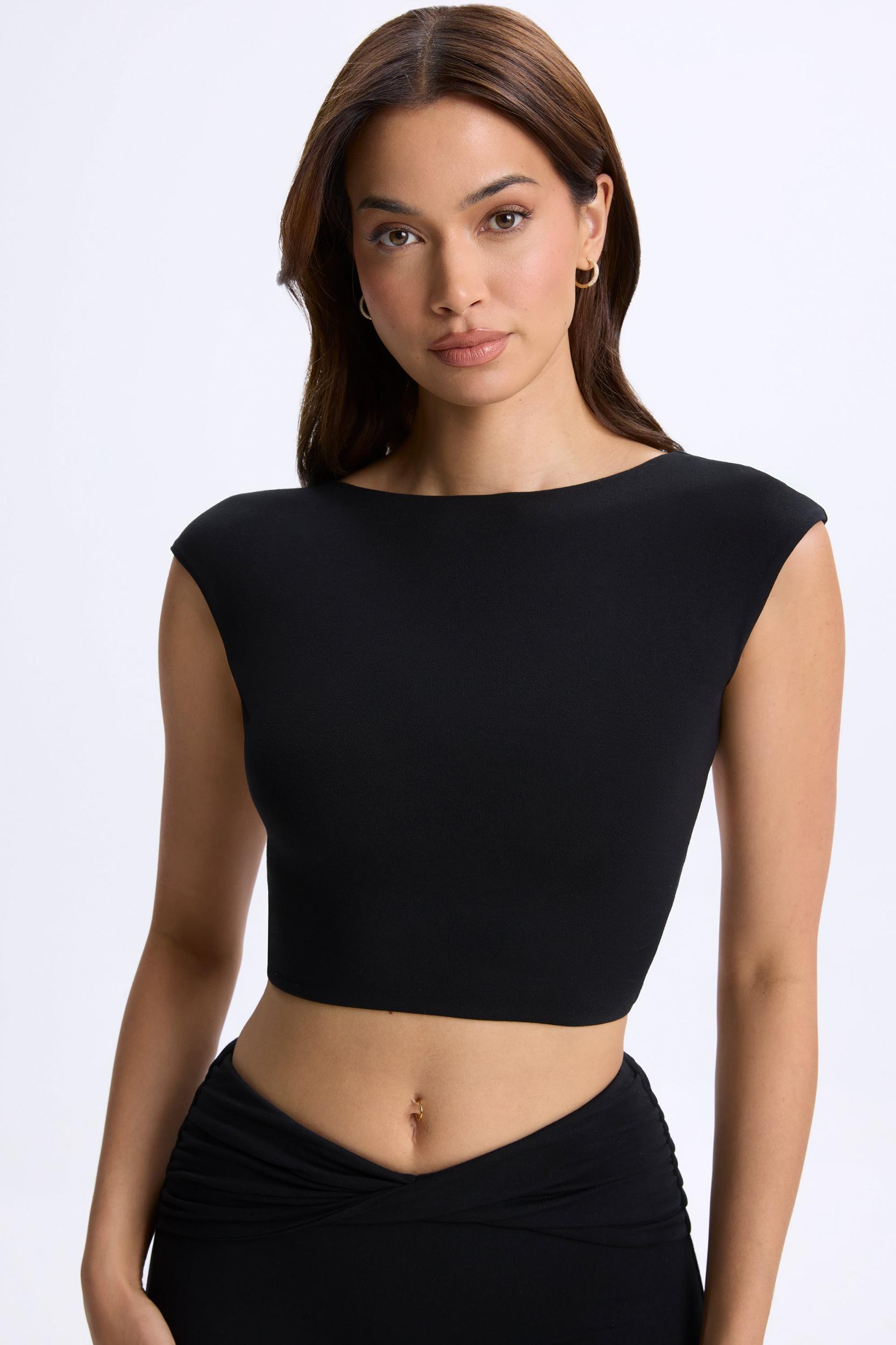 Cap-Sleeve Open-Back Crop Top in Black Product Image