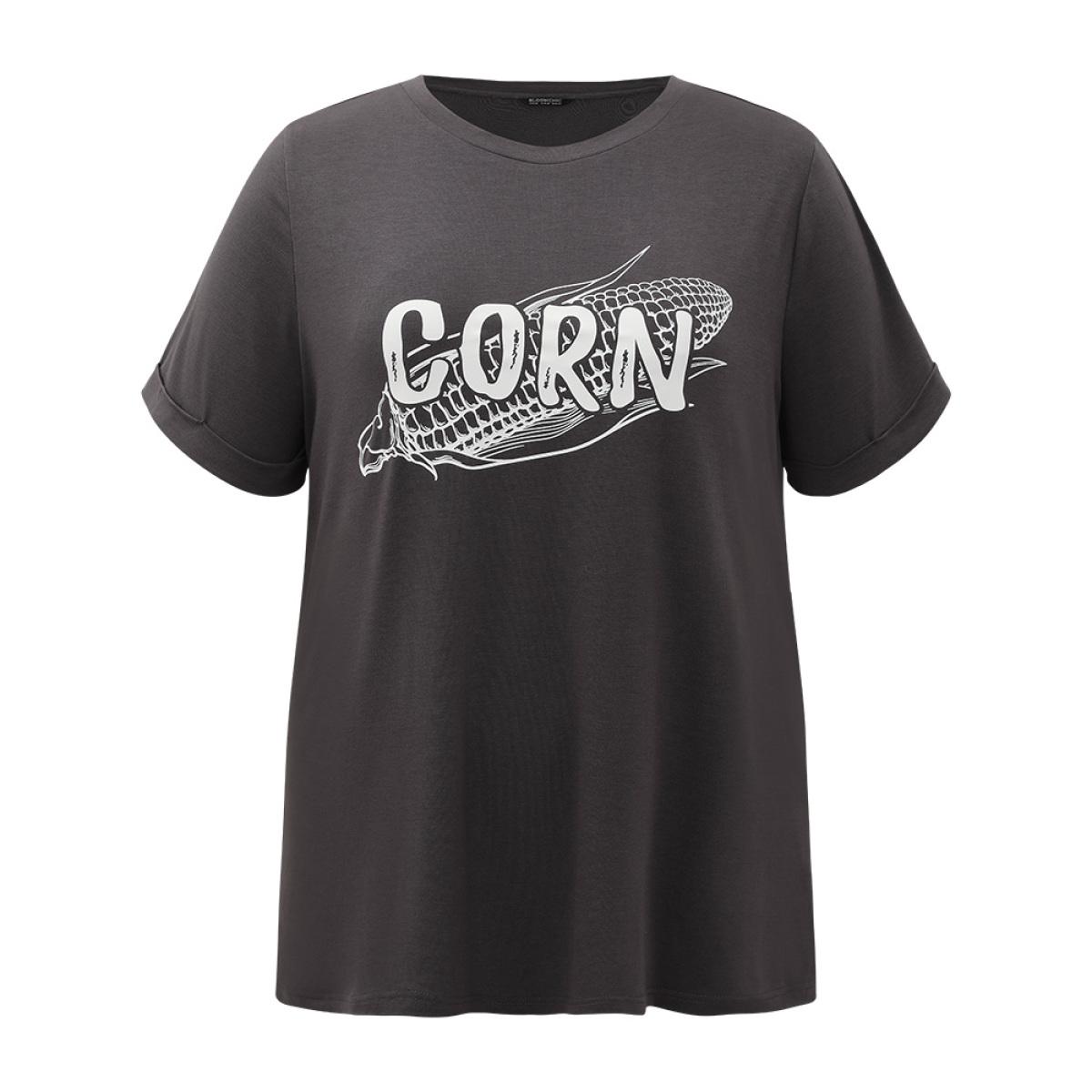 Plus Size Corn Print Round Neck Roll Sleeve T-shirt DimGray Women Casual Printed Western Dailywear T-shirts BloomChic 12/L Product Image