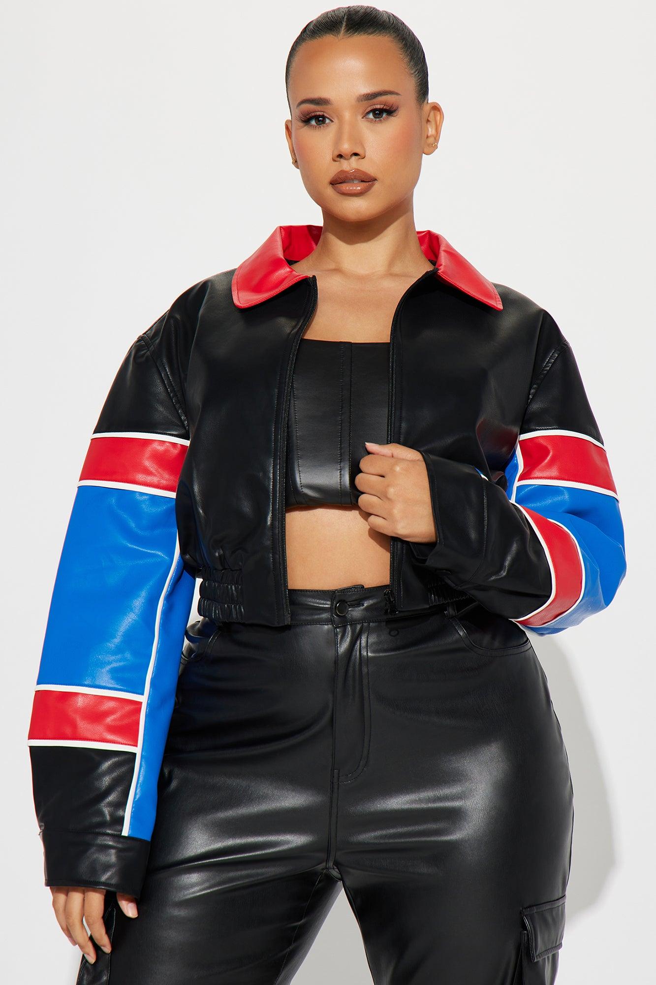 Race Day Fitted Faux Leather Jacket - Blue/combo Female Product Image
