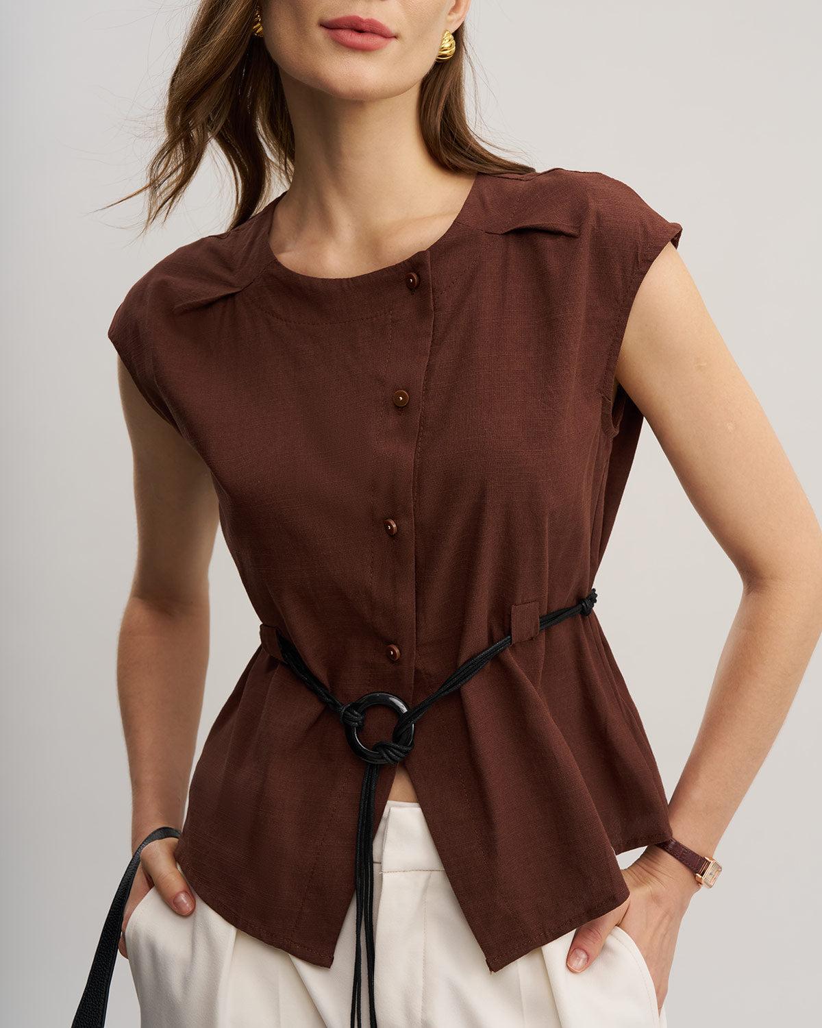 Coffee Round Neck Belted Blouse Product Image