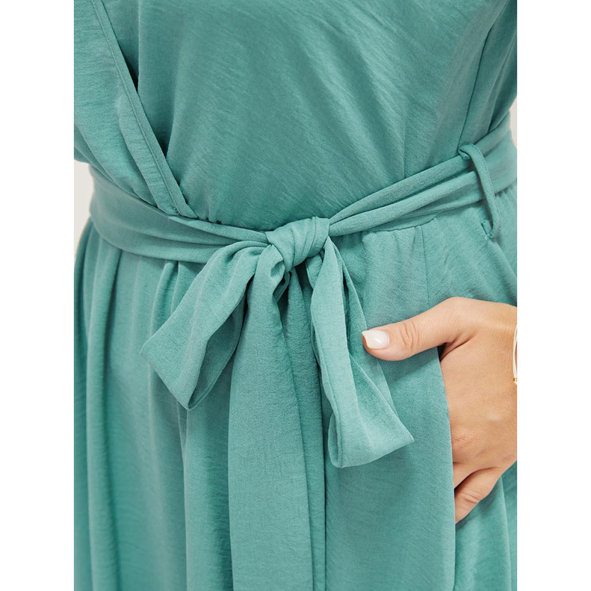 Plus Size Plain Pocket Wrap Belted Laser Cut Flutter Tank Dress Emerald Women Elegant Cross straps V-neck Sleeveless Curvy Midi Dress BloomChic 10/M Product Image