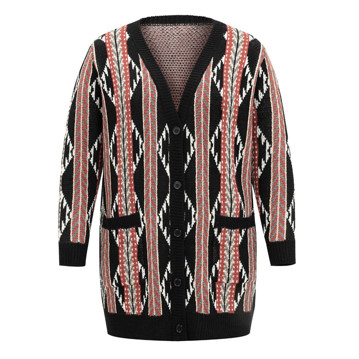 Plus Size Bandana Print Button Down Patched Pocket Tunic Cardigan Multicolor Women Casual Loose Long Sleeve Dailywear Cardigans BloomChic 18-20/2X Product Image