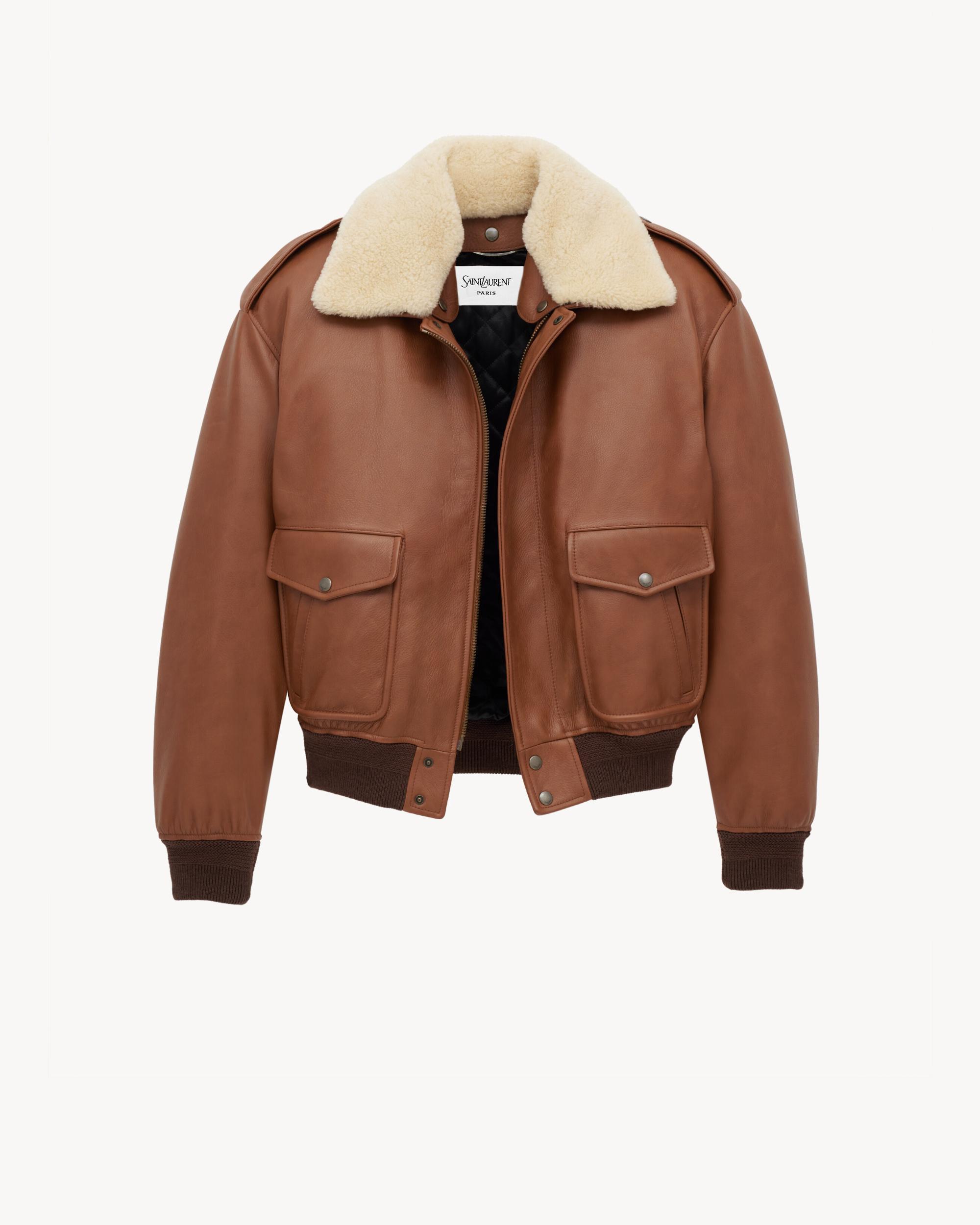 bomber jacket in grained leather and shearling Product Image