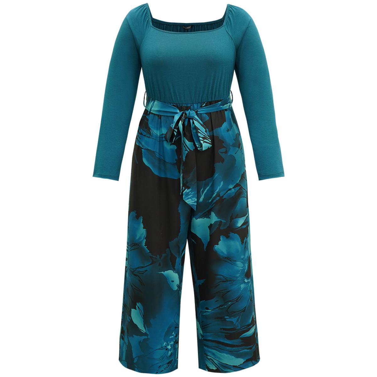 Plus Size Teal Floral Square Neck Gathered Belted Jumpsuit Women Glamour Long Sleeve Square Neck Going out Loose Jumpsuits BloomChic 10/M Product Image