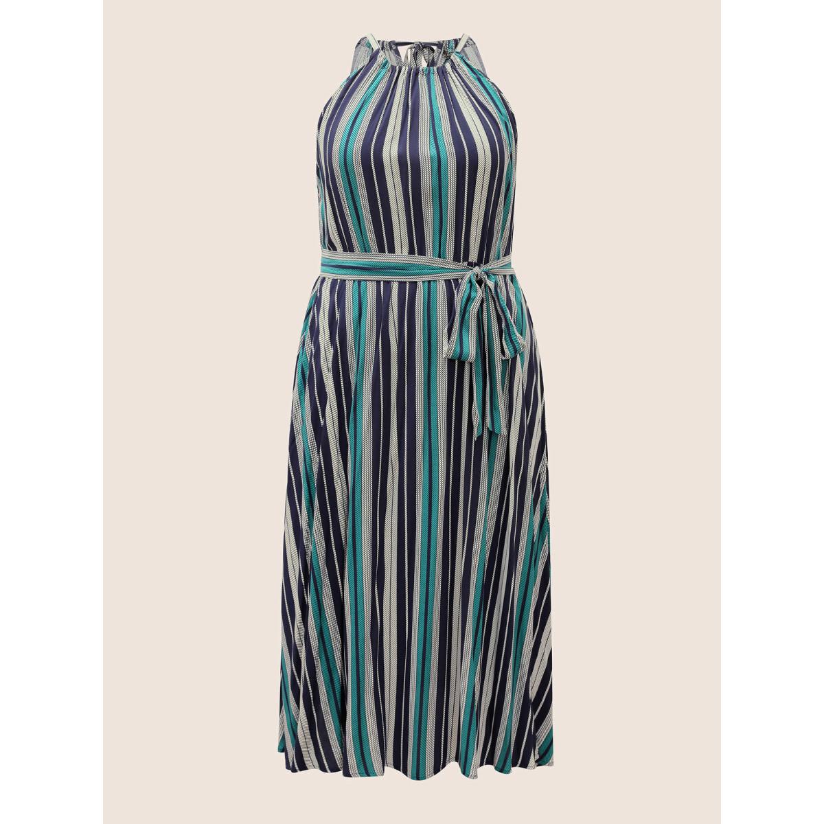 Plus Size Striped Belted Halter Pocket Dress DarkBlue Women Resort Belted Halter neck Sleeveless Curvy Midi Dress BloomChic 18-20/2X Product Image